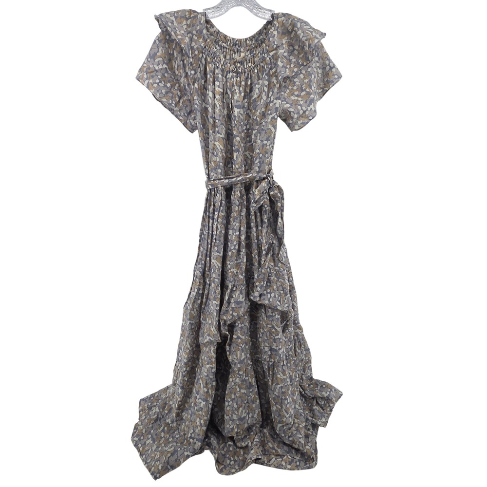 MIRTH Vienna Maxi Dress XS Blue Tan Silk‎ Blend Ruffle Flutter Sleeve Boho